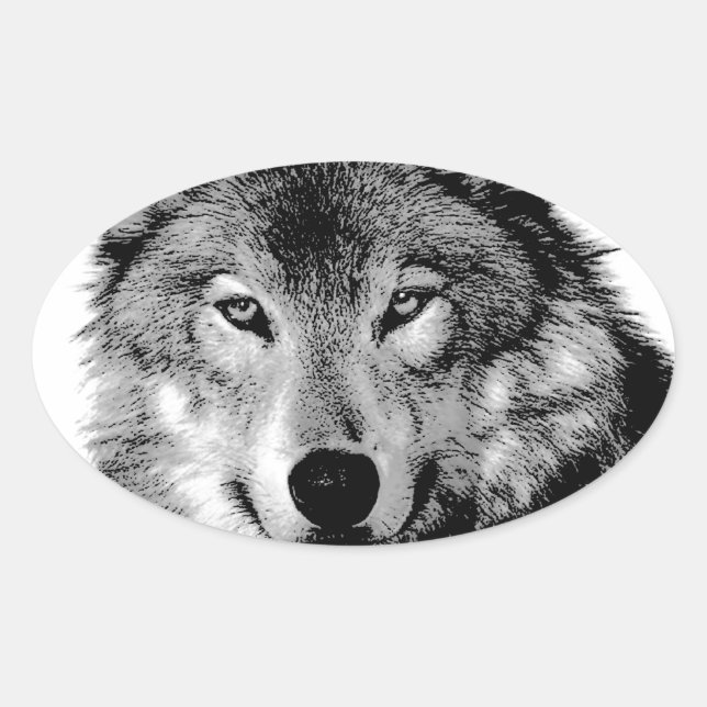 Black & White Wolf Oval Sticker (Front)