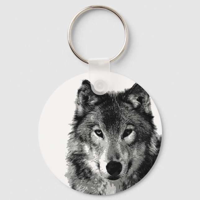 Black & White Wolf Portrait Key Ring (Front)