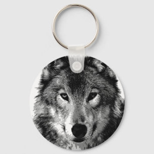 Black & White Wolf Portrait Key Ring