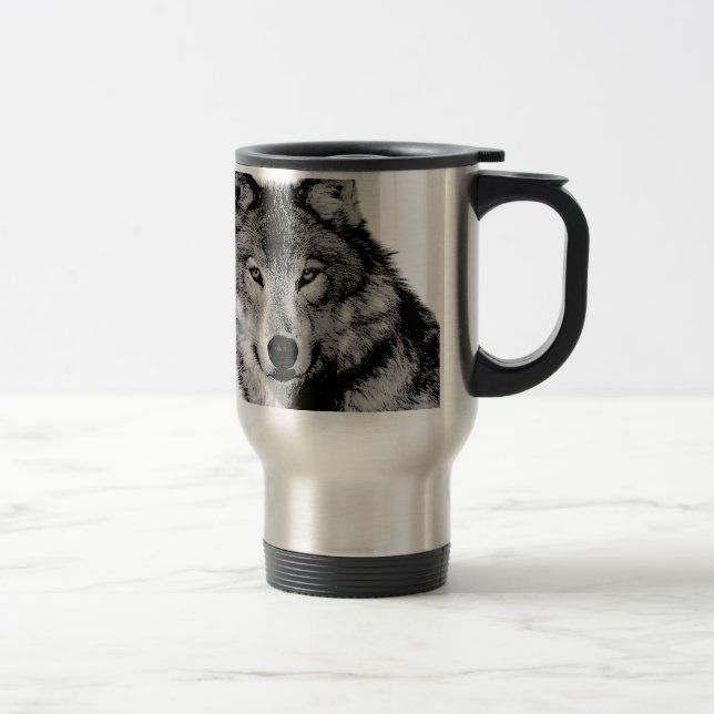 Black & White Wolf Travel Mug (Right)