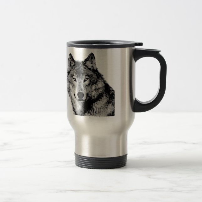 Black & White Wolf Travel Mugs (Right)