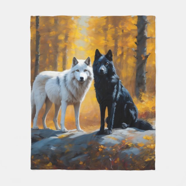 Black White Wolves Fleece Blanket (Front)