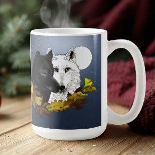 Black White Wolves Moonlight Autumn Leaves Coffee Mug