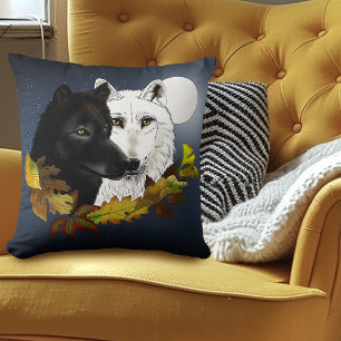 Black White Wolves Moonlight Autumn Leaves Cushion