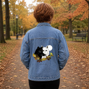 Black White Wolves Moonlight Autumn Leaves Denim Jacket