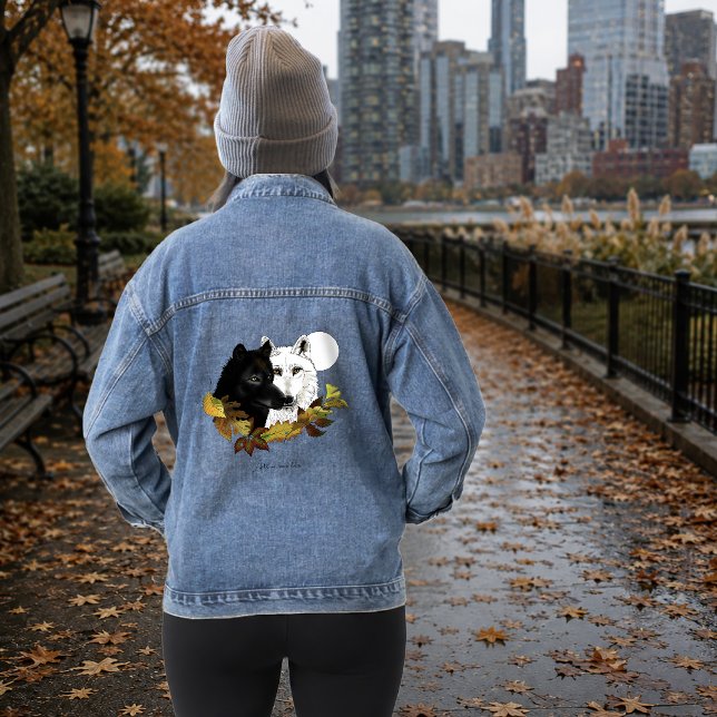 Black White Wolves Moonlight Autumn Leaves Denim Jacket (Creator Uploaded)