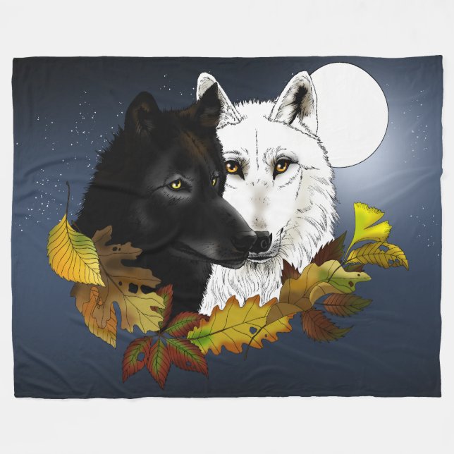 Black White Wolves Moonlight Autumn Leaves Fleece Blanket (Front (Horizontal))