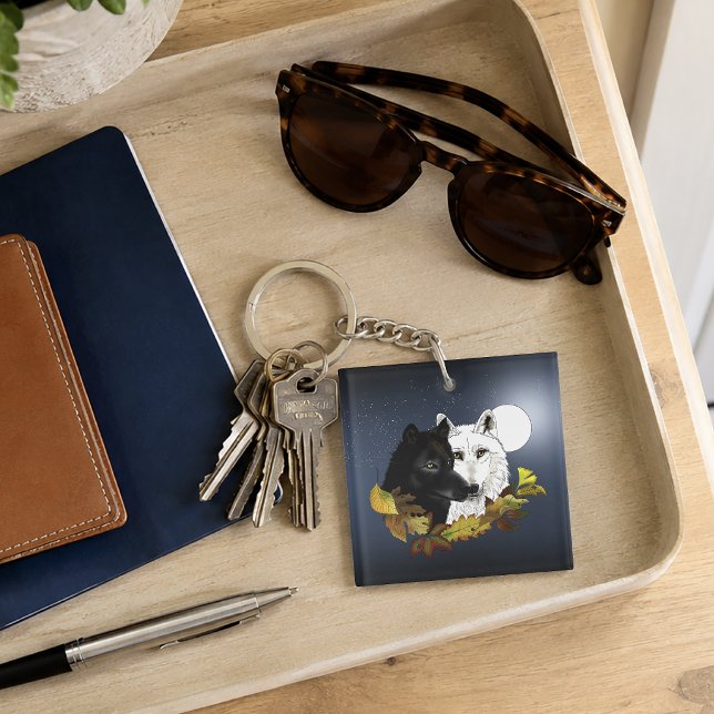 Black White Wolves Moonlight Autumn Leaves Key Ring (Creator Uploaded)