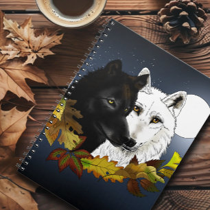Black White Wolves Moonlight Autumn Leaves Notebook