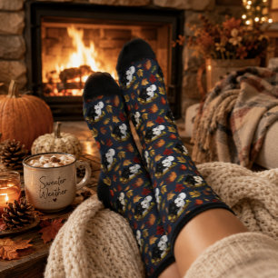 Black White Wolves Moonlight Autumn Leaves Socks