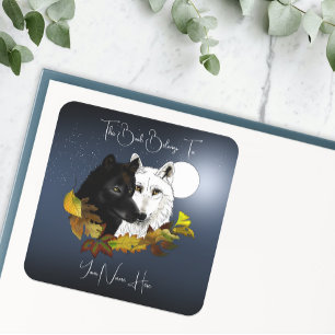 Black White Wolves Moonlight Autumn Leaves Square Sticker