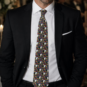 Black White Wolves Moonlight Autumn Leaves Tie