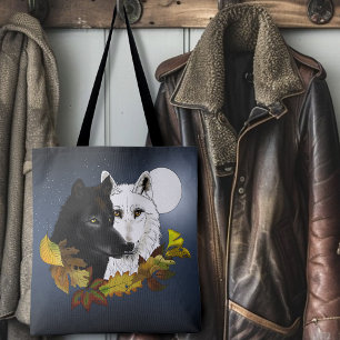 Black White Wolves Moonlight Autumn Leaves Tote Bag