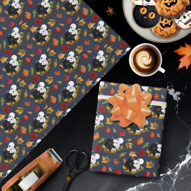 Black White Wolves Moonlight Autumn Leaves Wrapping Paper (Creator Uploaded)