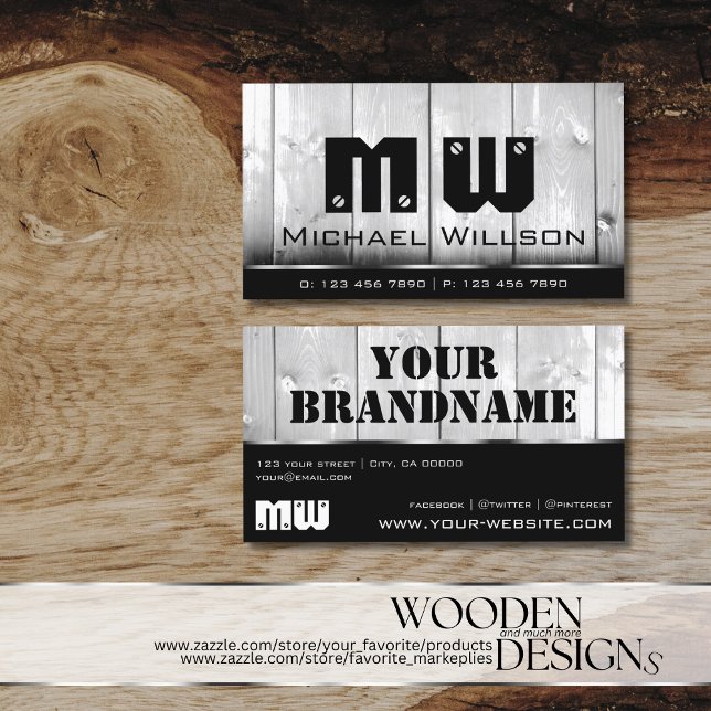 Black White Wooden Boards Wood Grain Look Monogram Business Card (Creator Uploaded)