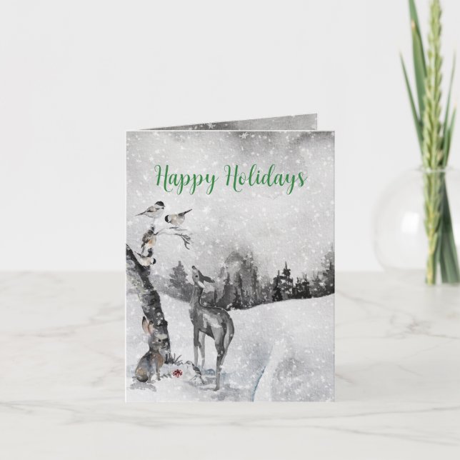 Black & White Woodland Animals Snowy Gathering Holiday Card (Front)