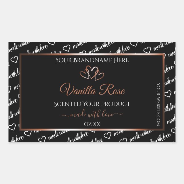 Black White Word Art Product Label Rosegold Hearts (Front)