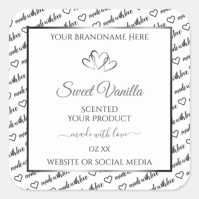 Black White Word Cloud Product Label Silver Hearts (Front)