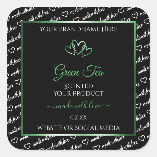 Black White Word Cloud Product Labels Green Hearts (Front)