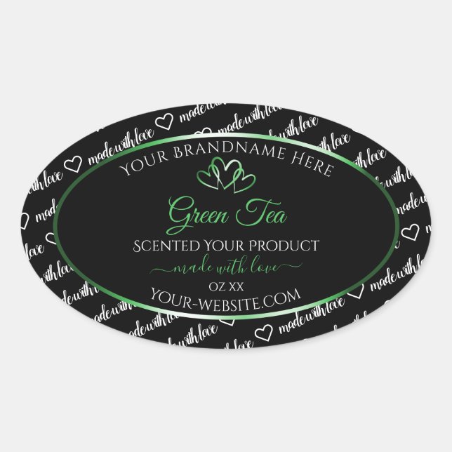 Black White Word Cloud Product Labels Green Hearts (Front)