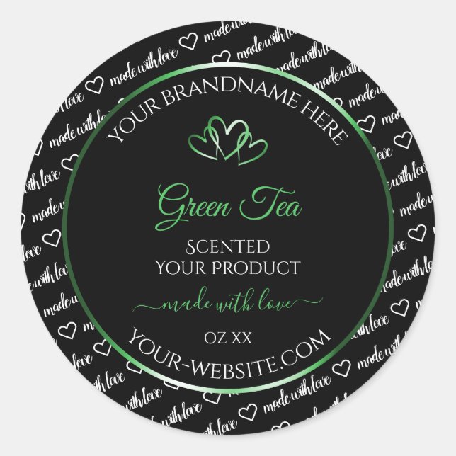 Black White Word Cloud Product Labels Green Hearts (Front)