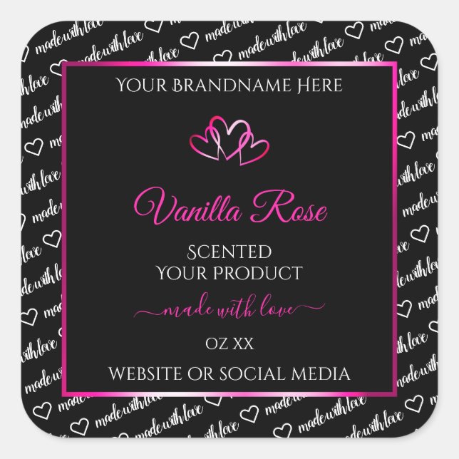 Black White Word Cloud Product Labels Pink Hearts (Front)