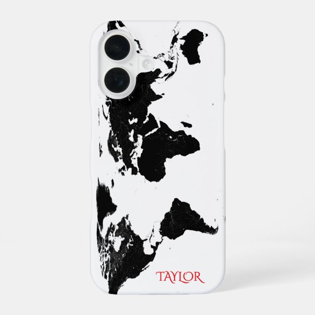 Black & White World Map – Personalized iPhone 16 Case (Back)