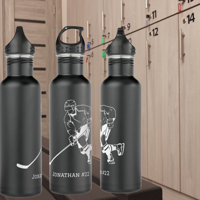 Black & White Wrap Around Hockey Player Monogram  710 Ml Water Bottle (Also available with hockey goalie design. )