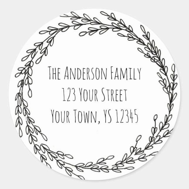 Black White Wreath Floral Address Classic Round Sticker (Front)