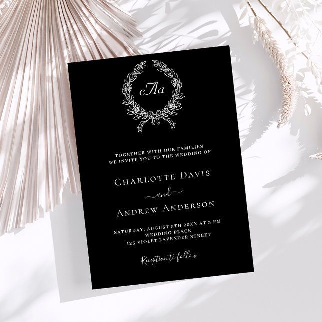 Black white wreath monogram luxury wedding invitation (Creator Uploaded)