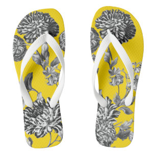 Black & White Yellow Botanical Floral Toile Flip Flops