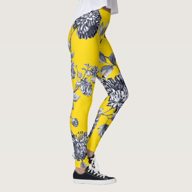 Black & White Yellow Botanical Floral Toile Leggings (Right)