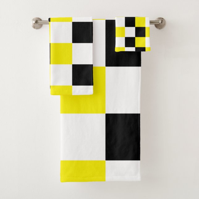 Black White Yellow Chequered Bath Towel Set (Insitu)