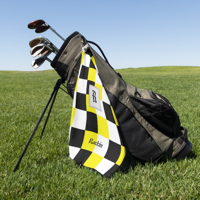 Black White Yellow Chequered Golf Towel (Green)