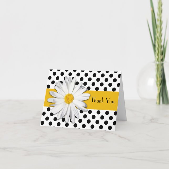 Black White Yellow Daisy Polka Dots Thank You Card (Front)