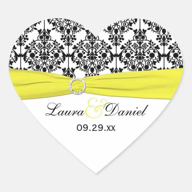 Black White Yellow Damask 1.5" Heart Sticker (Front)