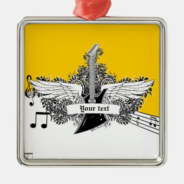 Black white yellow electric guitar with wings metal tree decoration (Front)