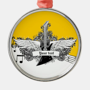 Black white yellow electric guitar with wings metal tree decoration