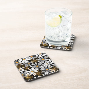 Black, White, Yellow Elegant Daisy Floral Abstract Coaster