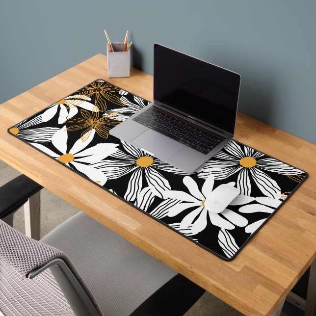 Black, White, Yellow Elegant Daisy Floral Abstract Desk Mat (Office 2)