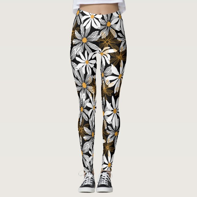 Black, White, Yellow Elegant Daisy Floral Abstract Leggings (Front)