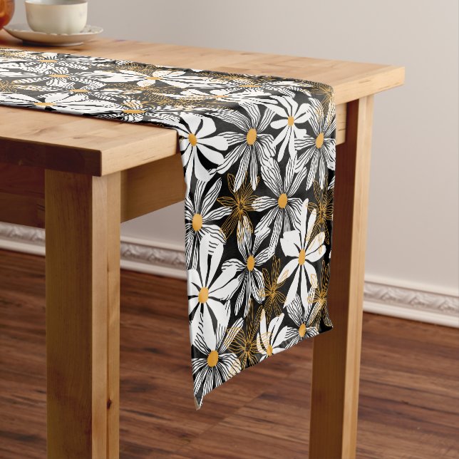 Black, White, Yellow Elegant Daisy Floral Abstract Short Table Runner (In Situ)