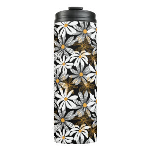Black, White, Yellow Elegant Daisy Floral Abstract Thermal Tumbler