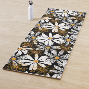 Black, White, Yellow Elegant Daisy Floral Abstract Yoga Mat