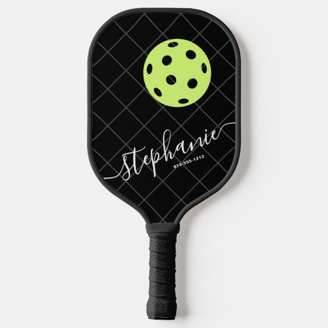 Black White Yellow Elegant Script Personanlized Pickleball Paddle (Back)