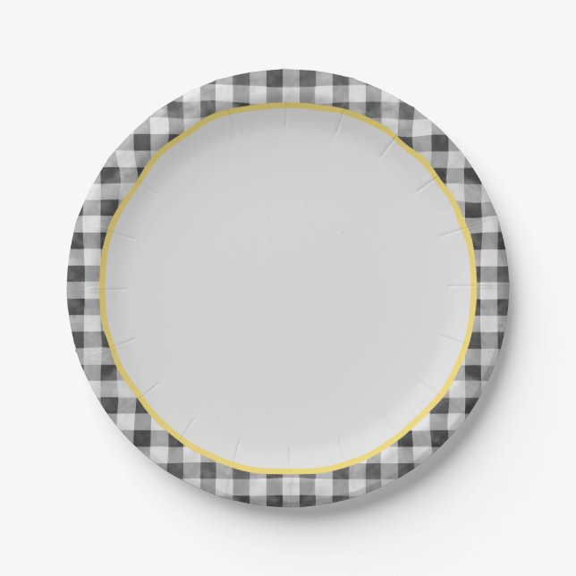Black White Yellow Gingham Summer Picnic Paper Plate (Front)