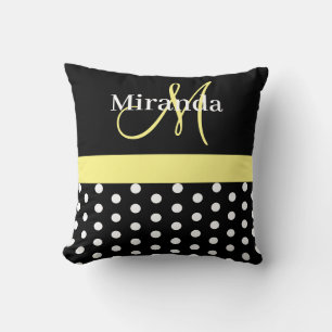 Black White Yellow Monogram Script Polka Dots Cushion