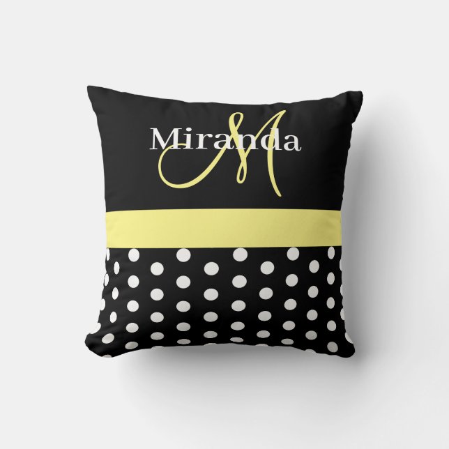 Black White Yellow Monogram Script Polka Dots Cushion (Front)
