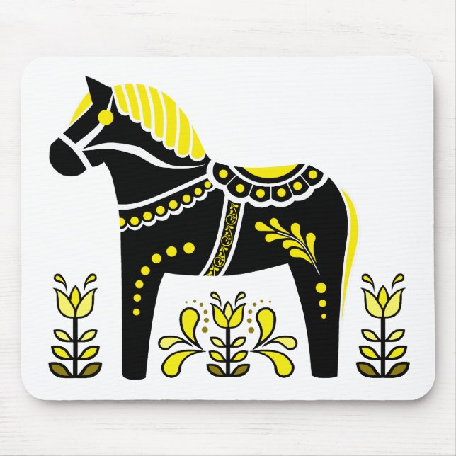 Black/white/yellow Nordic Folk Dala horse/Friesian Mouse Mat (Front)