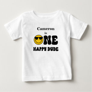 Black White Yellow One Happy Dude 1st Birthday  Baby T-Shirt